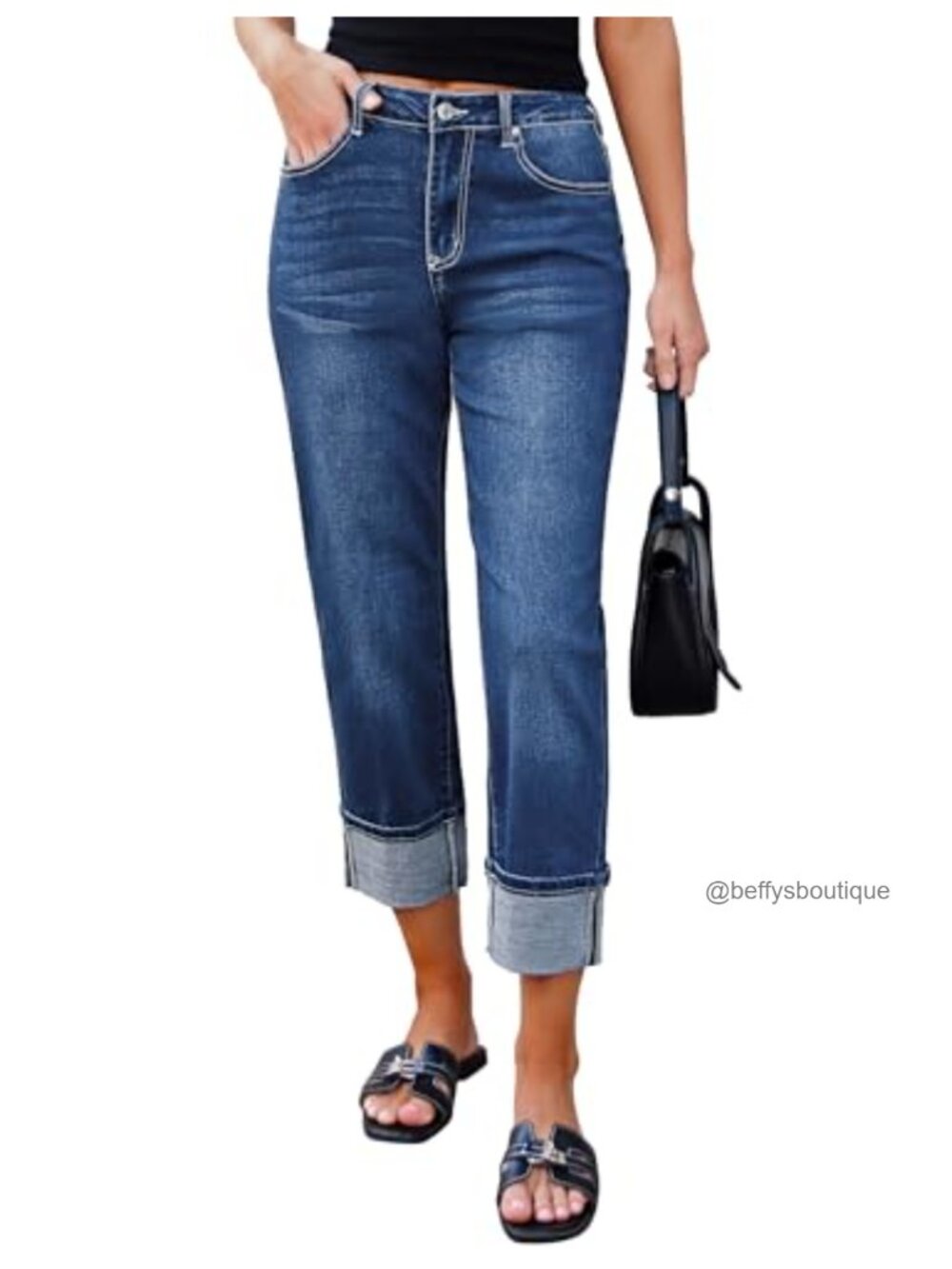 High Waisted Straight Leg Cropped Jeans Cuffed Hem Stretch Denim